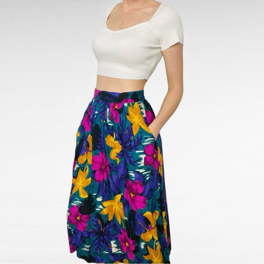 VINTAGE | Norton McNaughton | Colorful Floral High Waisted Midi Skirt w/Pockets